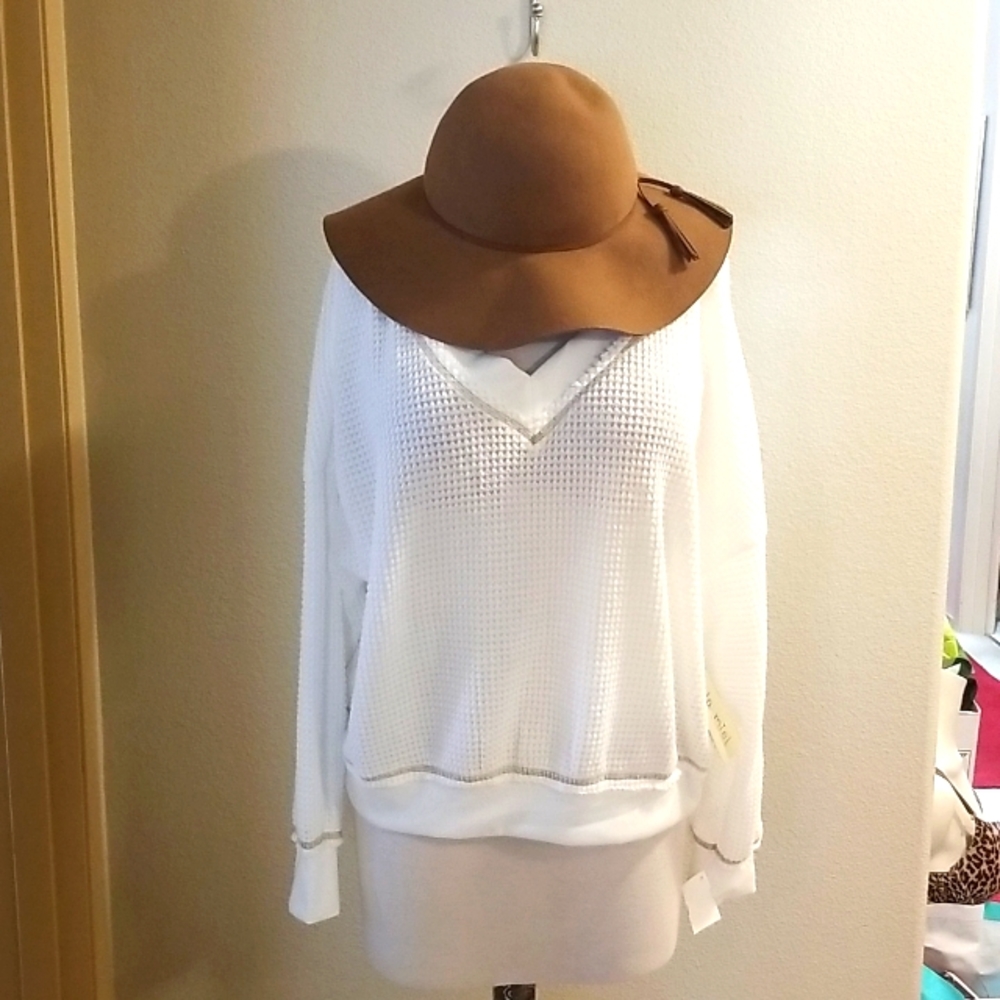 New Cream Mesh La Miel by Hyped Unicorn  Size Large Fringe Tan Stitched Trim Top